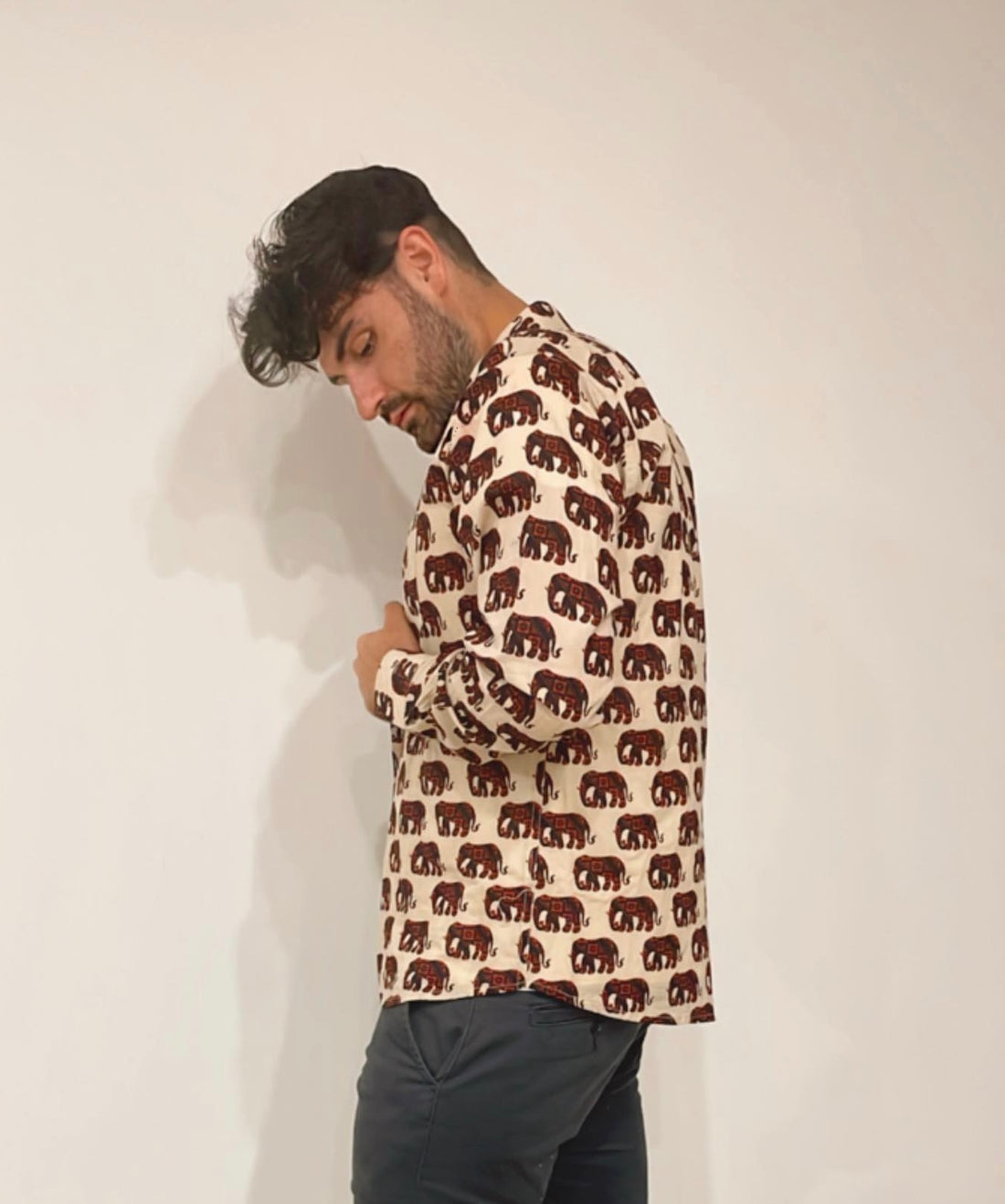 A.M.E. customer wearing a hand block printed shirt